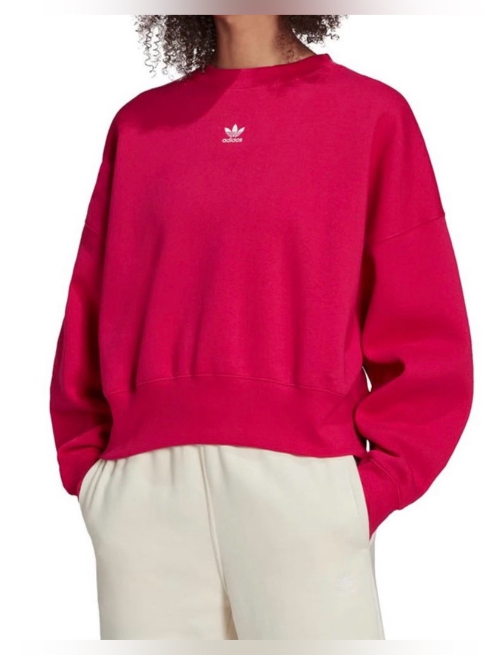 Adidas Originals Essentials Fleece Crew Sweatshirt in Bold Pink, Size Medium